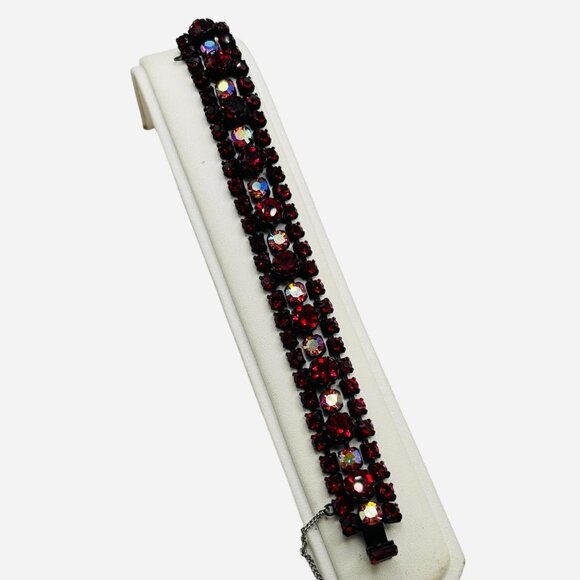 Stunning Vintage Regency Red Rhinestone AB Gun Metal Bracelet - Picture 3 of 8